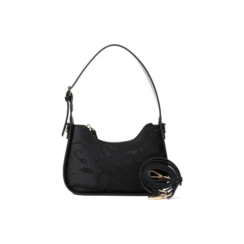 Carit&Koty Polyurethane Synthetic Leather With Fabric And Embossed Leather Baguette Shoulder Bag Trumpets Women's Black-1