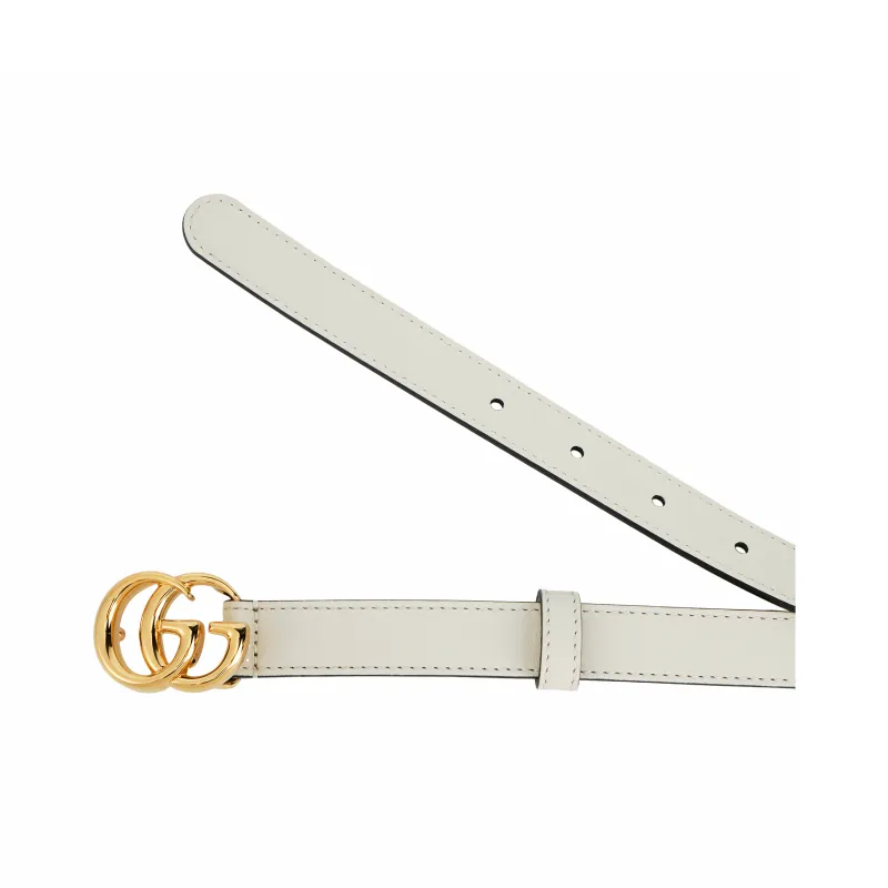 GUCCI Gold Tone Lock Double G Slim Smooth Buckle Leather Belts Women's White Width  2cm-3