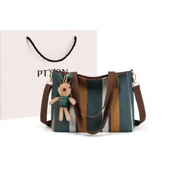 PT'SON Fabric Handbag, Shoulder Bag, Tote Bag, Shopping Bag Large Size Women's Blue