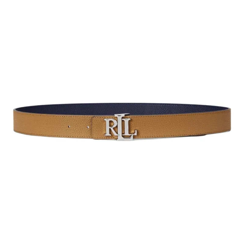 Ralph Lauren Logo On Both Sides With Litchi Grain Smooth Buckle Cow Leather Belts Women's Dark Blue Width 2.5CM-1