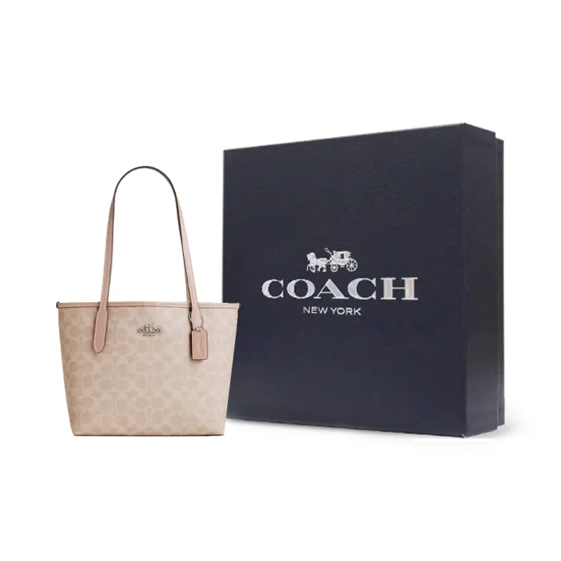 COACH City Coated Canvas With Leather Tote Bag, Shopping Bag, Shoulder Bag, Handbag Medium Size Women's Silver & Sand-5