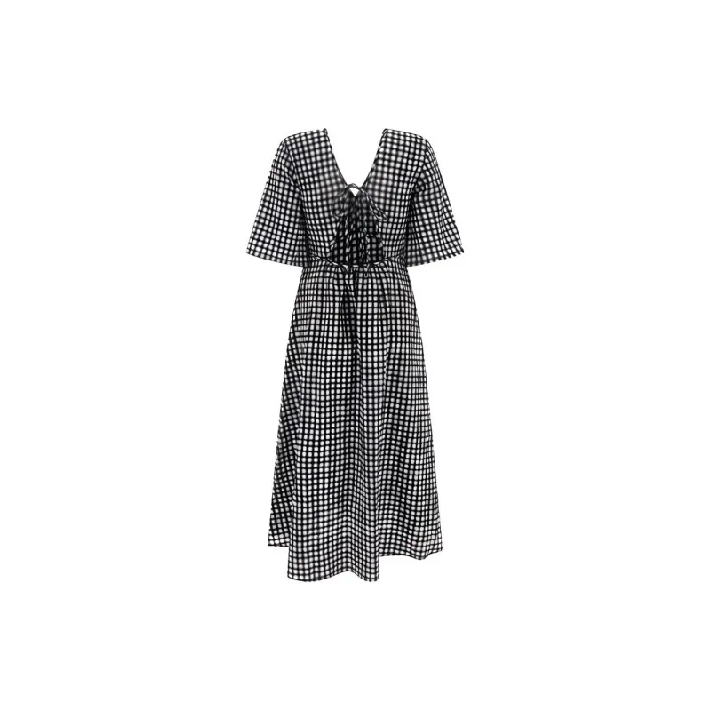 GANNI Seersucker Checked V neck Midi Dress-1