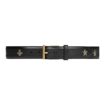 GUCCI Print Pattern Pin Buckle Genuine Leather Leather Belts Men's Black Width 3.5CM