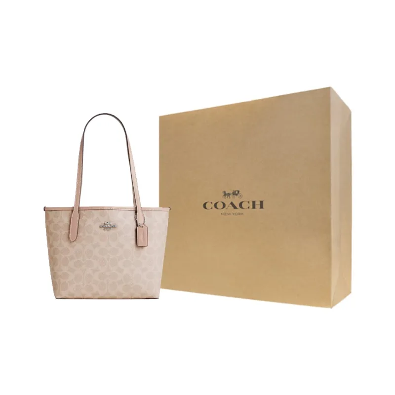 COACH City Coated Canvas With Leather Tote Bag, Shopping Bag, Shoulder Bag, Handbag Medium Size Women's Silver & Sand-7