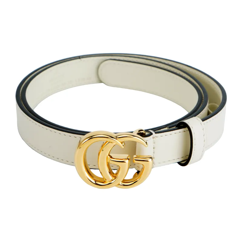 GUCCI Gold Tone Lock Double G Slim Smooth Buckle Leather Belts Women's White Width  2cm-1