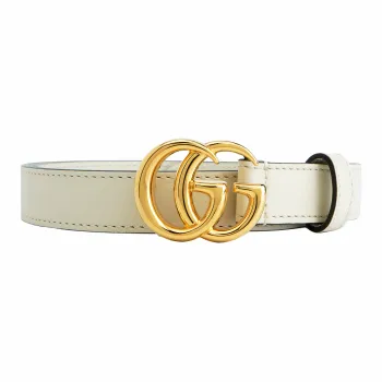 GUCCI Gold Tone Lock Double G Slim Smooth Buckle Leather Belts Women's White Width  2cm