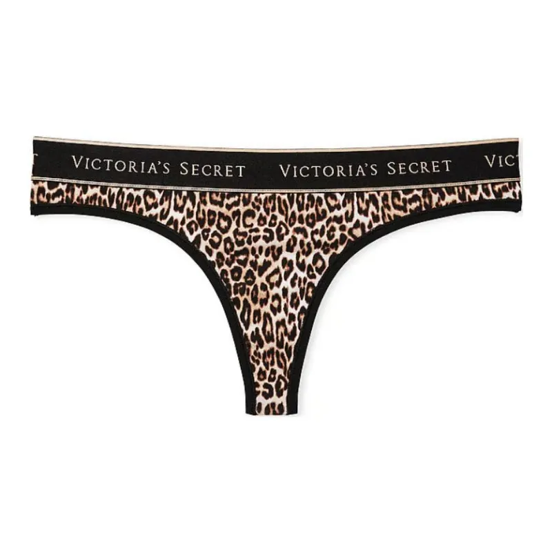 Victoria's Secret COTTON Logo Cotton Thong Panty / Marzipan Leopard Underpants Women's 1 Pack Leopard Print-0