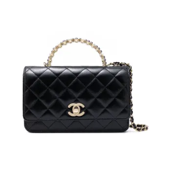 CHANEL Bright Crinkle Lambskin Artificial Pearl Metal Shoulder Bag, Crossbody Bag, Handbag Women's Black