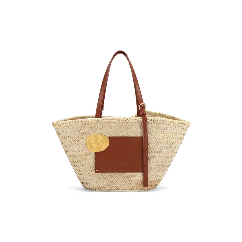 NothingButMini Raffia/Cow Leather Tote Bag, Shopping Bag, Handbag, Shoulder Bag Tubas Women's Glossy Black/Chocolate-3