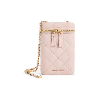 CHARLES&KEITH PU Laminated Textile Cell Phone Pouch Mini Women's Black/Pink/Cream Milk White/Slate Blue Gray Blue
