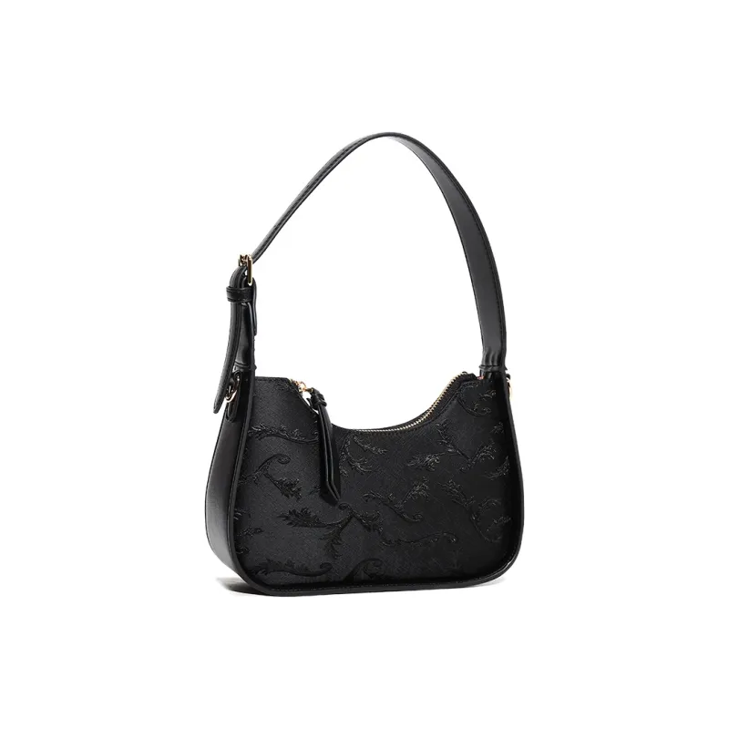 Carit&Koty Polyurethane Synthetic Leather With Fabric And Embossed Leather Baguette Shoulder Bag Trumpets Women's Black-6