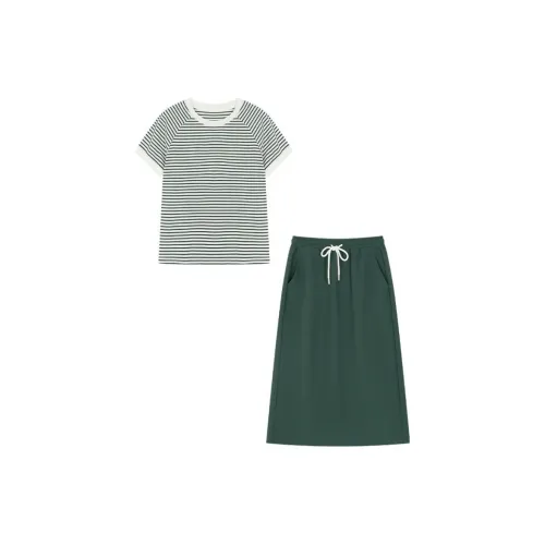 IHIMI Two Piece Skirt Sets Women's Set Stripes+Deep Sea Green