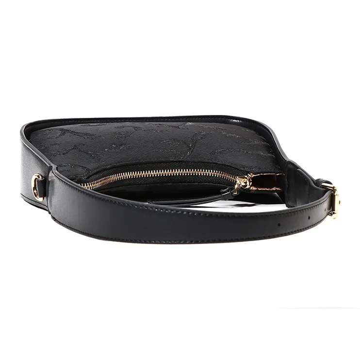 Carit&Koty Polyurethane Synthetic Leather With Fabric And Embossed Leather Baguette Shoulder Bag Trumpets Women's Black-4