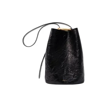 APEDE MOD Top Grain Cow Leather Bucket Bag Crossbody Handbag Shoulder Bag Large Size Women's Black