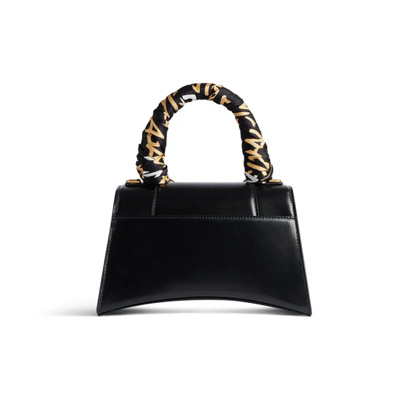 Balenciaga Hourglass Calfskin With Silk Shoulder Bag Crossbody Bag Handbag Small Size Women's Black & Beige-4