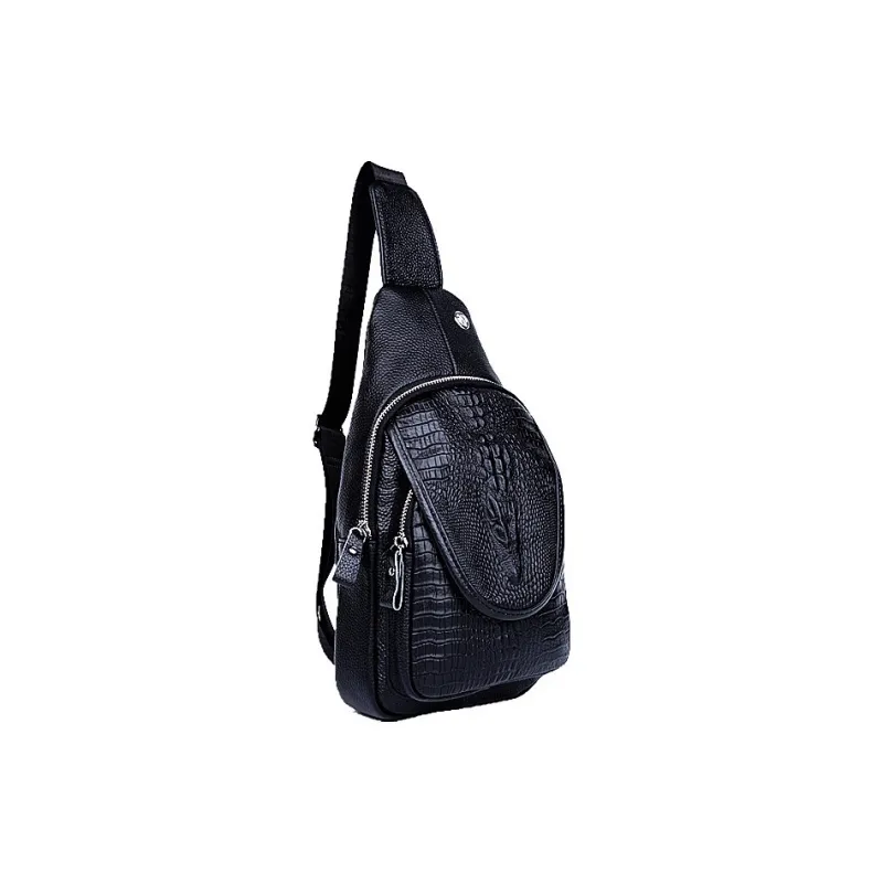 DOSRFINI Top Grain Cow Leather Business Versatile Casual Crocodile Pattern Sling Bag Men's Black-4