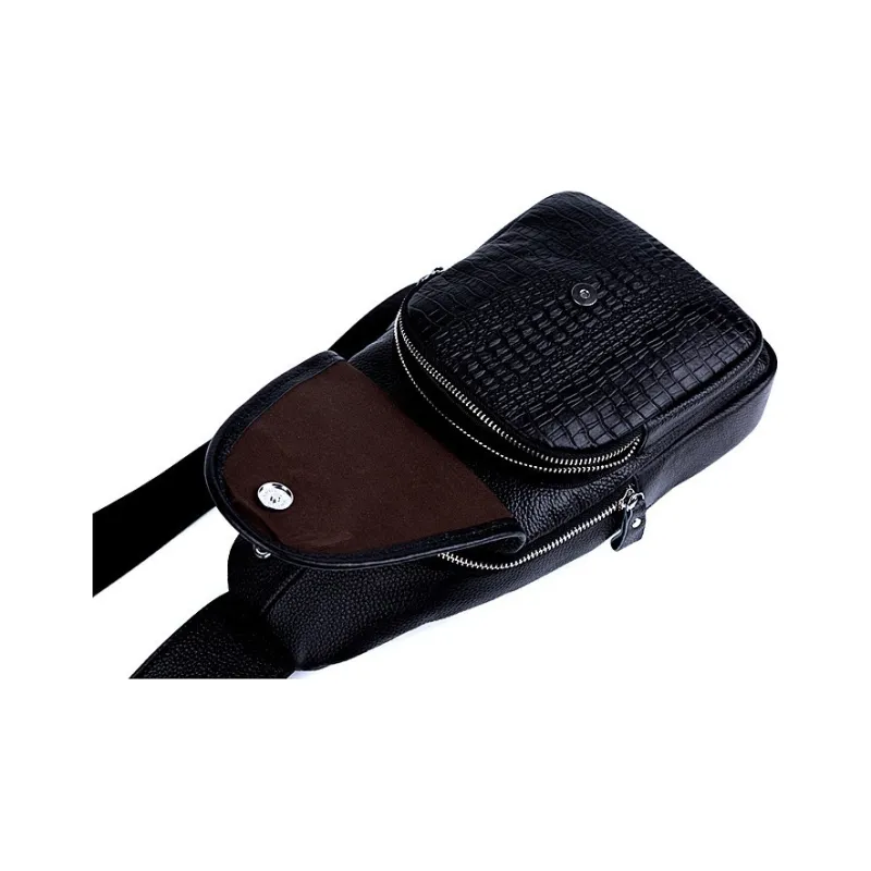 DOSRFINI Top Grain Cow Leather Business Versatile Casual Crocodile Pattern Sling Bag Men's Black-1