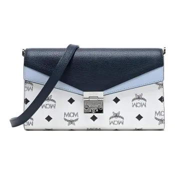 MCM Millie Visetos Canvas With Leather Shoulder Bag Crossbody Bag Medium Size Women's Blue