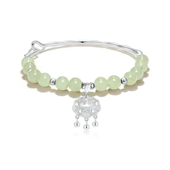 VOEX 925 Sterling Silver Hetian Jade Bangles Women's Pale Greenish-White Jade