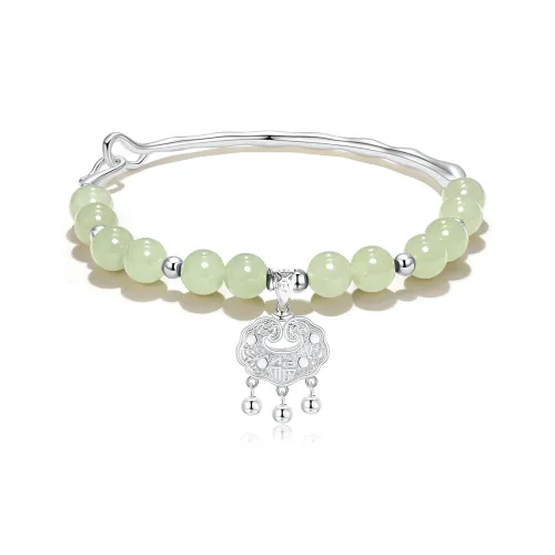 VOEX 925 Sterling Silver Hetian Jade Bangles Women's Pale Greenish White Jade