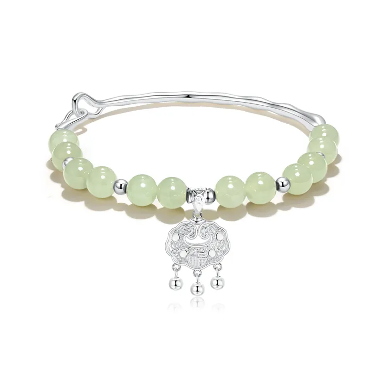 VOEX 925 Sterling Silver Hetian Jade Bangles Women's Pale Greenish-White Jade-0