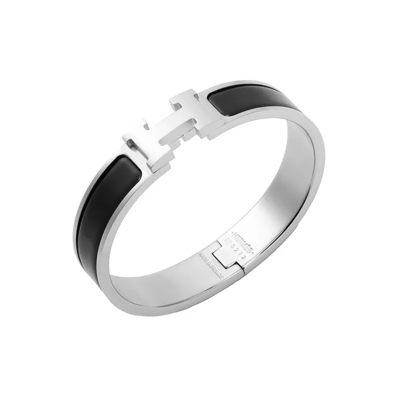 HERMES Clic H Palladium Plated Bangles Women's Black/Silver Color-3