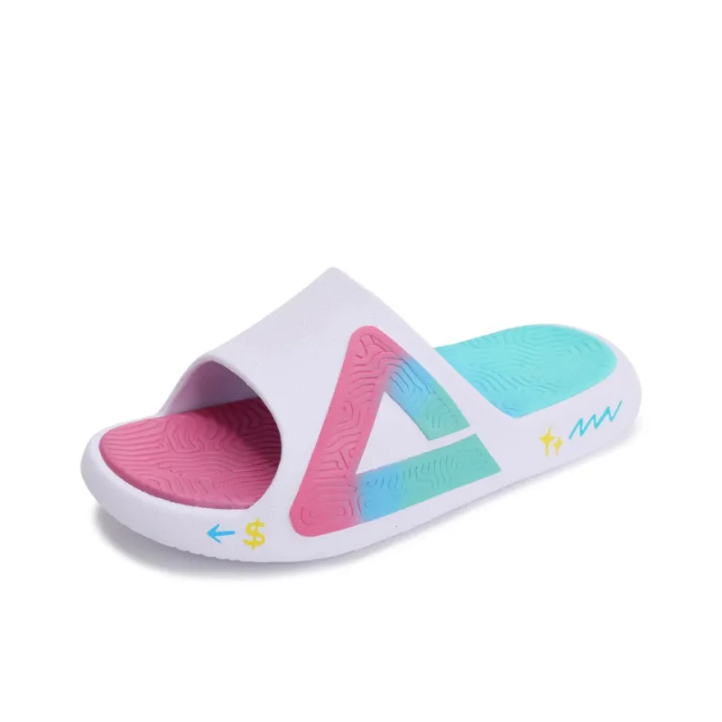 PEAK Leather Patchwork Graffiti Slip Resistant Abrasion Resistant Slide Slippers Unisex White Blue Pink-2