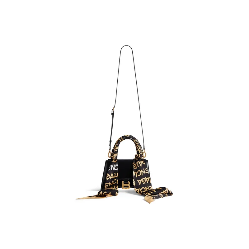 Balenciaga Hourglass Calfskin With Silk Shoulder Bag Crossbody Bag Handbag Small Size Women's Black & Beige-1