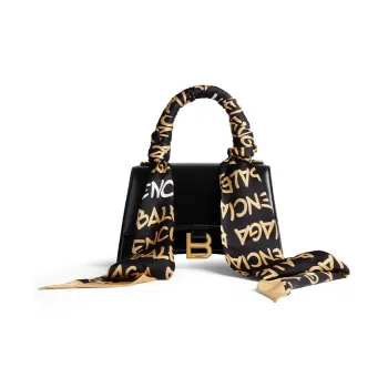 Balenciaga Hourglass Calfskin With Silk Shoulder Bag Crossbody Bag Handbag Small Size Women's Black & Beige