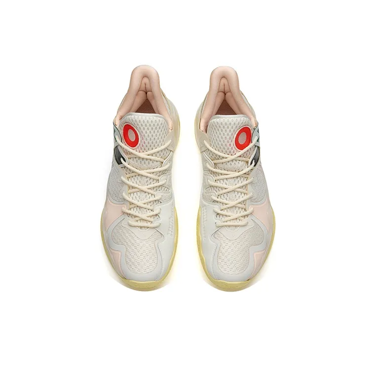 ANTA Shock Wave 4 Basketball Shoes Men Low Top Light Beige White/Fluorescent Highlighter Pink-2