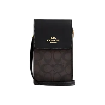 COACH N/S Coated Canvas With Smooth Leather Cell Phone Shoulder Bag, Crossbody Bag Mini Women's Gold & Brown Black