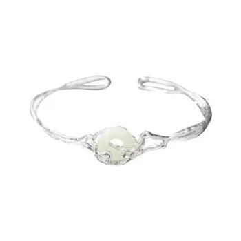 Artisan Lock Heart Jade S925 Silver Hetian Jade Bangles Women's Pale Greenish-White Jade