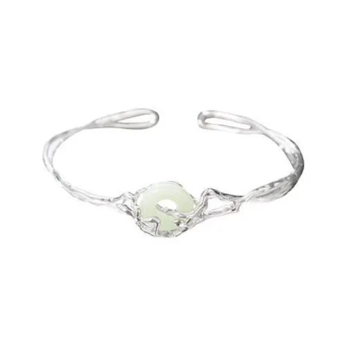 Artisan Lock Heart Jade S925 Silver Hetian Jade Bangles Women's Pale Greenish-White Jade