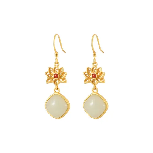 Xiaoyinjiang 925 Sterling Silver Hetian Jade Earrings Women's Pale Greenish-White Jade