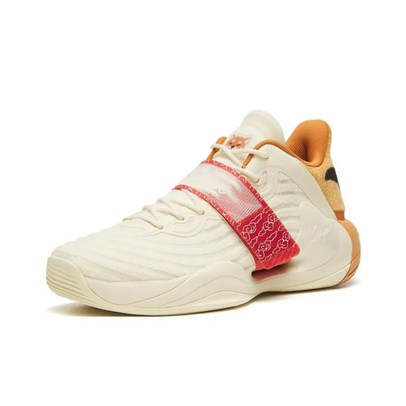 Anta Water Flower 4 Cushioned Slip-Resistant Low-Top Performance Basketball Shoes White Orange Shiba Inu-1