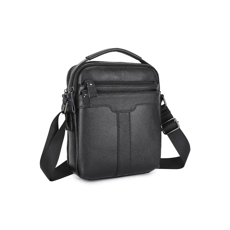 DOSRFINI Top Grain Cow Leather Business Commute Casual Vertical Shoulder Bag Men's Black-2