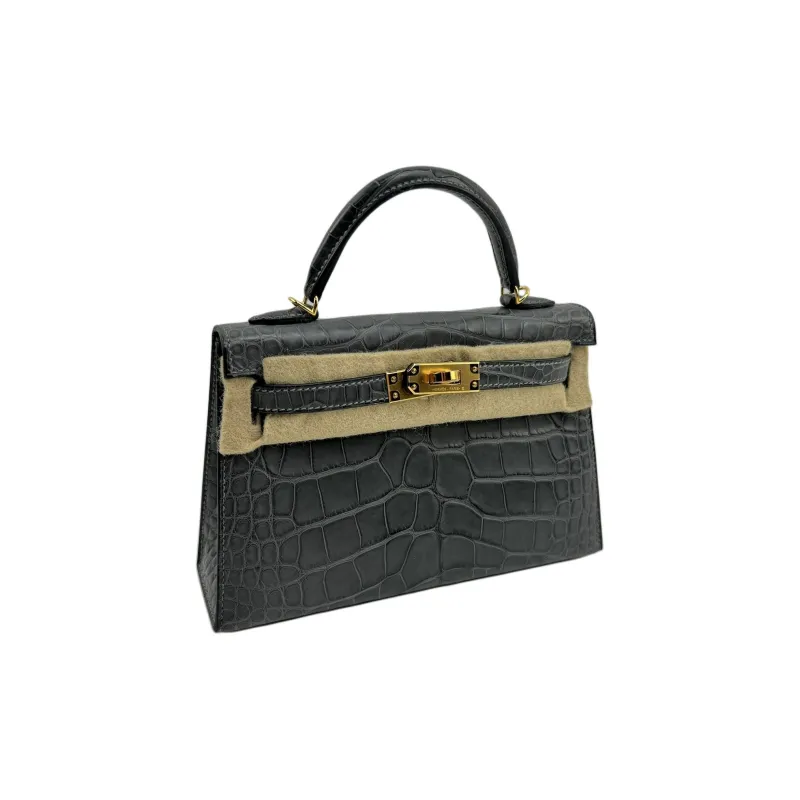 HERMES Mini Kelly Generation 1 Matte Crocodile Leather Kelly Handbag Mini Women's 88 Graphite Gray-1