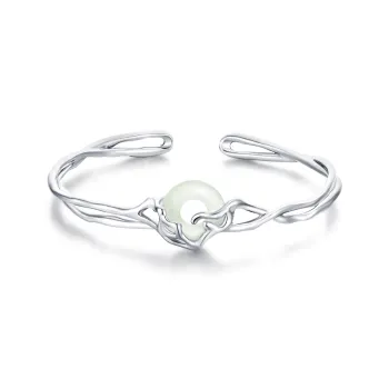 North Cain S925 Silver Hetian Jade Bangles Women's Pale Greenish-White Jade