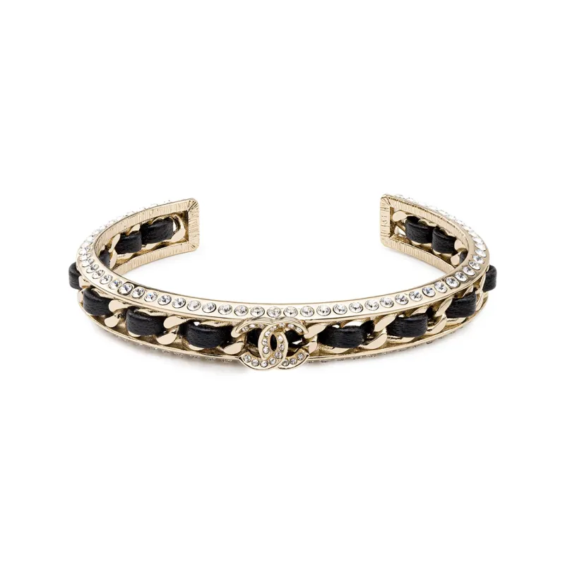 CHANEL Metal Sheepskin Rhinestone Bangles Women's Gold-1