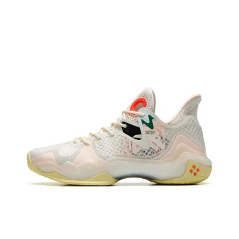 ANTA Shock Wave 4 Basketball Shoes Men Low Top Light Beige White/Fluorescent Highlighter Pink