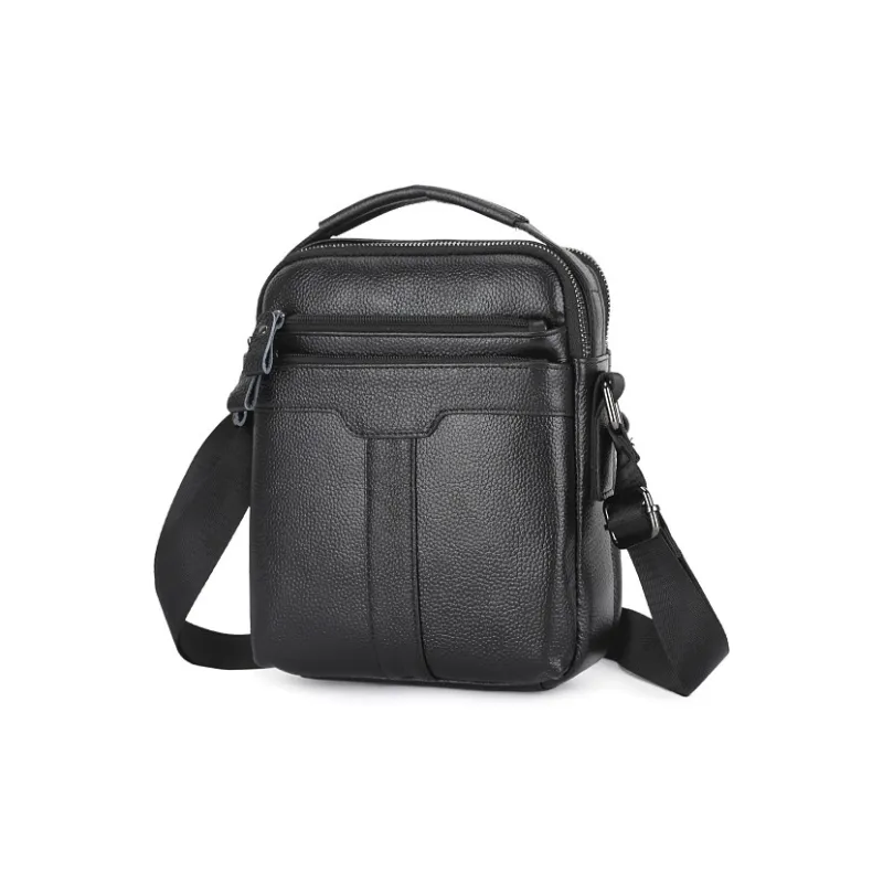 DOSRFINI Top Grain Cow Leather Business Commute Casual Vertical Shoulder Bag Men's Black-4