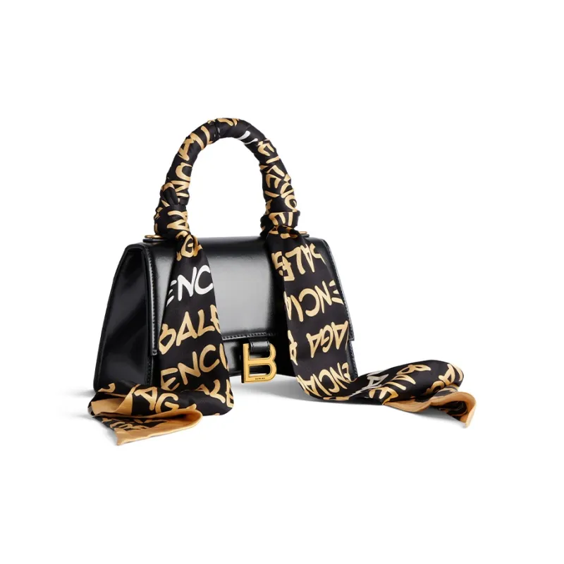 Balenciaga Hourglass Calfskin With Silk Shoulder Bag Crossbody Bag Handbag Small Size Women's Black & Beige-2