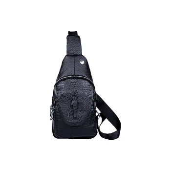 DOSRFINI Top Grain Cow Leather Business Versatile Casual Crocodile Pattern Sling Bag Men's Black
