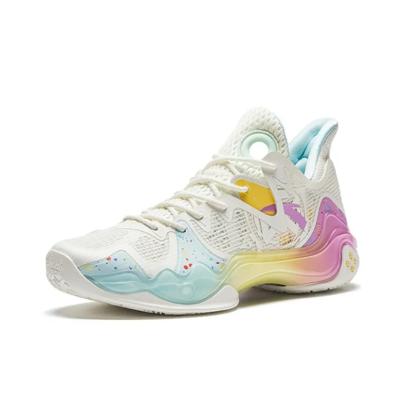 Anta Shock Wave 4 Paper Cup Cake Cushioning Anti Slip And Wear Resistant Mid Top Basketball Shoes Men's Yellow Pink-1