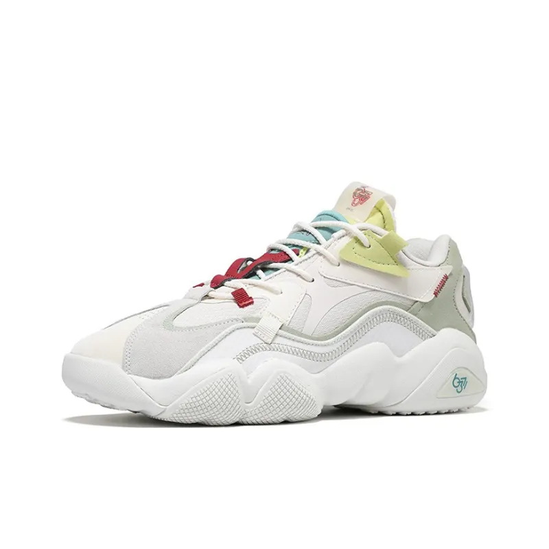 PEAK State Pole 6371 Cushioned Slip Resistant Mid Top Chunky Sneakers Women's Ecru Fruit Green-2