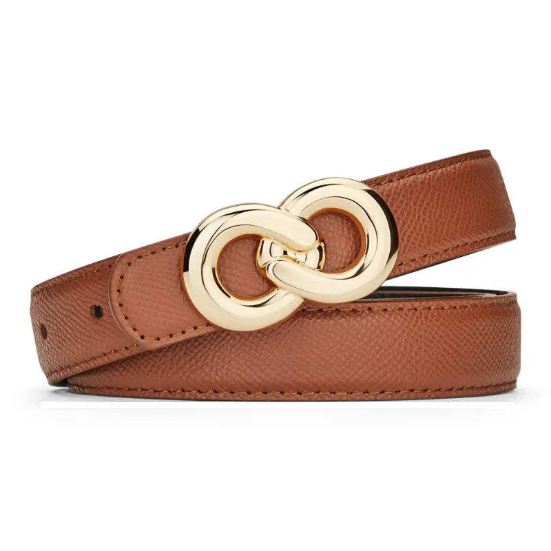 WilliamPOLO Cow Leather Leather Belts Women's Gold Tone Lock Caramel Bottom Black Width  2.4cm-2