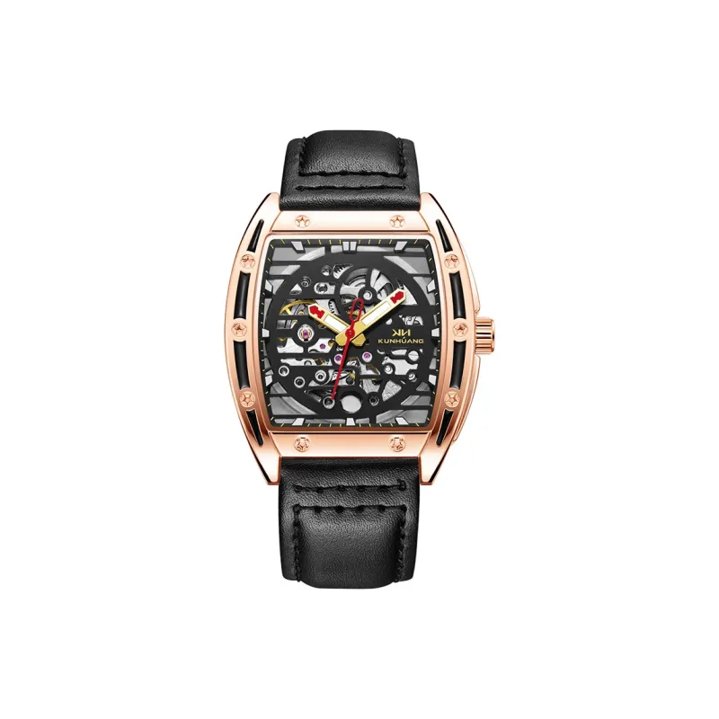 KUN HUANG Mechanical Movement Genuine Leather Strap Watch Men's Watches Cut-Out Dial-1