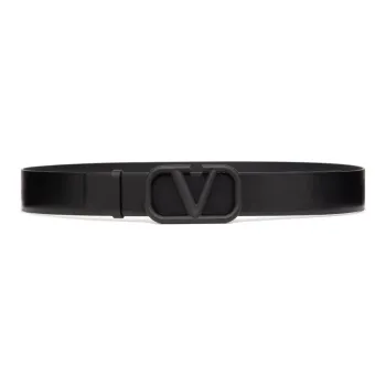 Valentino Logo Design Smooth Buckle Calfskin Metal Leather Belts Men's Black Width  3CM