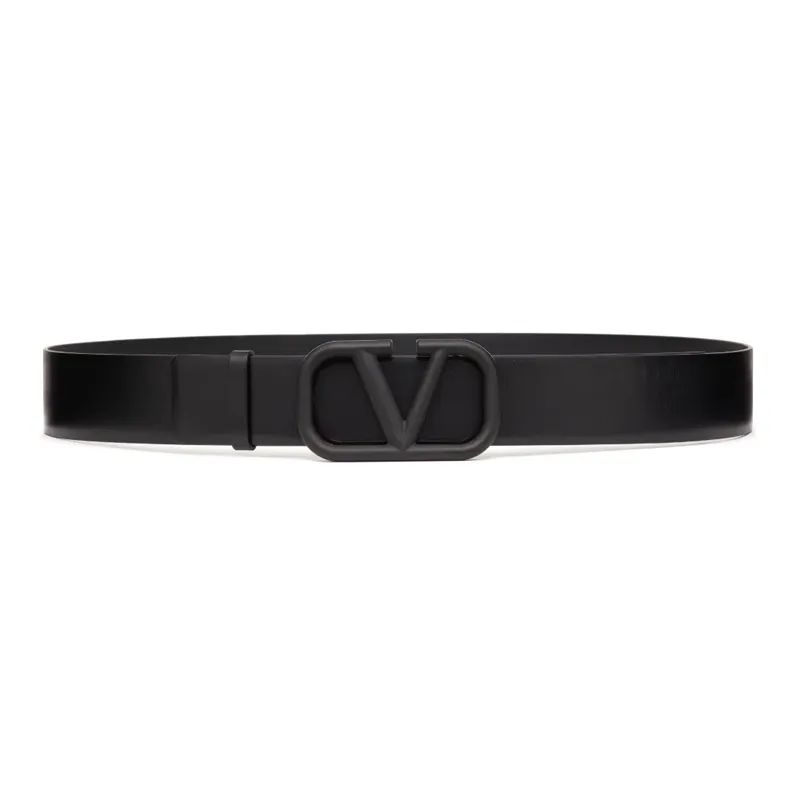 Valentino Logo Design Smooth Buckle Calfskin Metal Leather Belts Men's Black Width  3CM-0