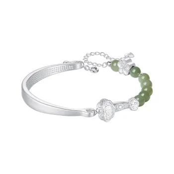 Artisan Lock Heart Jade Hetian Jade S999 Fine Silver Bangles Women's Pale Greenish-White Jade